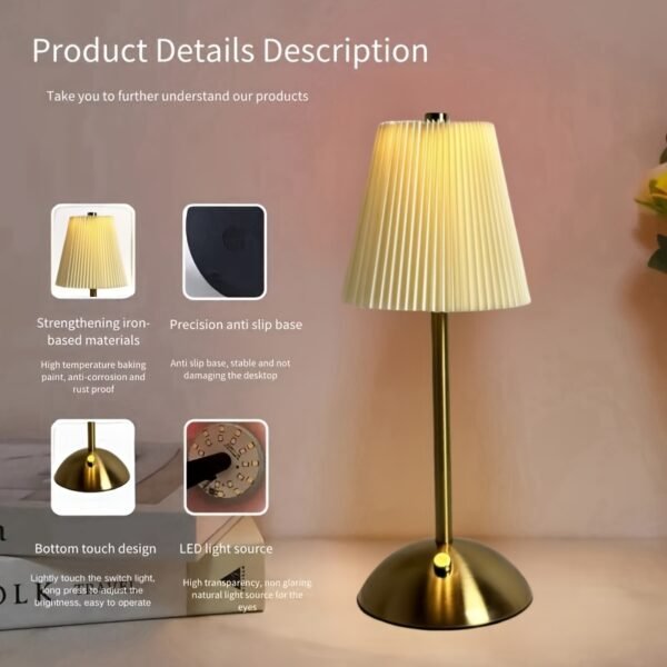 Metal Base, Pleated Fabric Lampshade - Bedside Lamp Night Light random colour